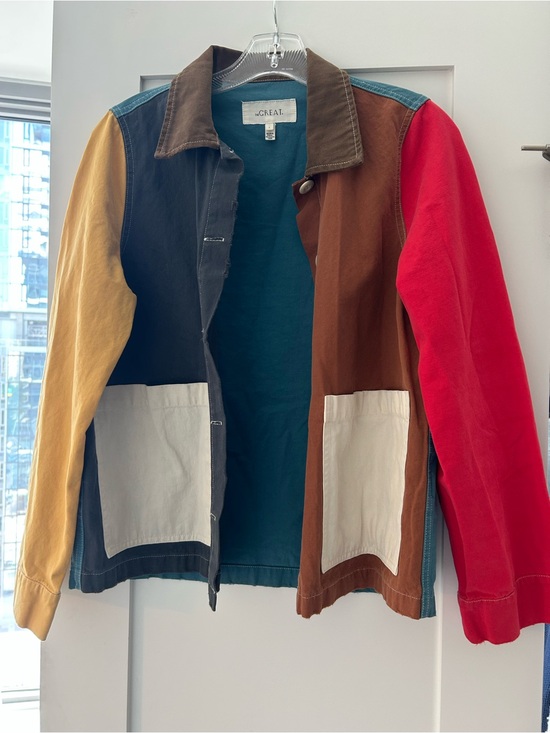 THE GREAT. Tops - THE GREAT. Multicolor Patchwork Cotton Jacket with White Pockets— size 1 not 2